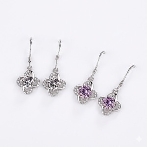 <b>Silver</b> Plated 14K Gold 925 Sterling <b>Silver</b> Natural Amethyst Gemstone Natural Diamond <b>Dangle</b> <b>Earrings</b> Clover Design Drop <b>Earrings</b> - Product Image 2
