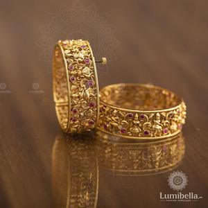 24K Gold Plated Lakshmi Nakshi Kada Bangles with Jade Pearl & Brass - Product Image 3