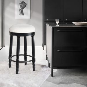 Set di 2 Sgabelli da Bar in Legno con Seduta Girevole a 360 Gradi, Cuscino Bianco e Nero, Altezza da Bancone per Bar - Product Image 2