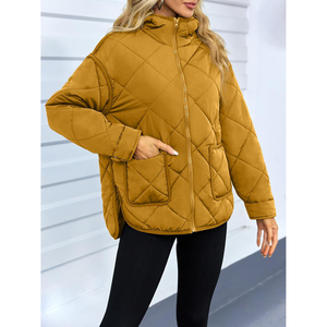 <b>Women's</b> <b>Mustard</b> Quilted Puffer Jacket Full Sleeve Stand Collar Zipper Closure Thick Warm Winter Outerwear Solid Color Casual - Product Image 1