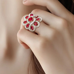 Flower Shape Ruby Cocktail <b>Ring</b> Women's 18K Solid Gold Luxury <b>Fine</b> Jewelry - Product Image 1