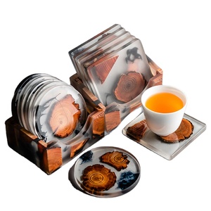 Classic Style Wooden and <b>Epoxy</b> Resin Coaster Set with Stand for Hot and Cold Beverages Wood and Resin Mat and Stand - Product Image 1