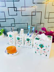 Juego de Accesorios de Baño de Lujo de 6 Piezas, Hecho a Mano, de Mármol Blanco, Imitación Antigua, con Incrustaciones Florales, Dispensador de Jabón, Portacepillos de Dientes - Product Image 2