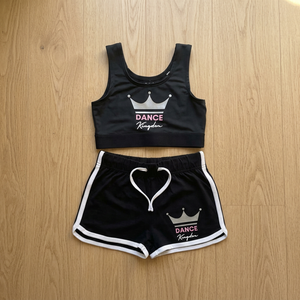 Dance <b>Kingdom</b> Black Crop Top Shorts Set Sporty Knitted Spandex Polyester Breathable Skinny Fit Elastic Waist Women's Activewear - Product Image 1
