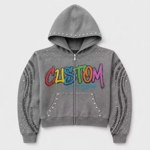 Streetwear Hoodie Supplier Distressed Embroidery Rhinestone Acid Wash Vintage Stone Wash Oversized Fit MOQ 10 - Product Image 3