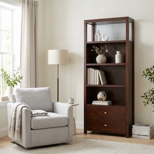Modern <b>Wood</b> <b>Bookcase</b> with 4 Shelves and 2 Drawers Freestanding Living Room Storage Furniture Contemporary Design Kona Coffee Col - Product Image 1