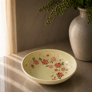 Luxury Ceramic Serving Bowl Elegant <b>Pink</b> Glazed Interior Floral Rim Detailing for Chic Table Presentation and Dining - Product Image 5