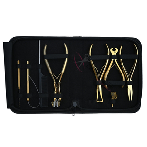 High Quality Gold Salon hair Extension Tool Kit with Microbeads Crimping Plier Bond Cutter Hair Pulling <b>Hook</b> <b>loop</b> and Tail Comb - Product Image 1