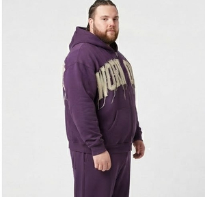 Men's Plus Size Zipper Hoodie Tracksuit Long Sleeve Distressed <b>Embroidery</b> Heavyweight 100% Cotton Fleece Plus Size Two Piece <b>Set</b> - Product Image 5
