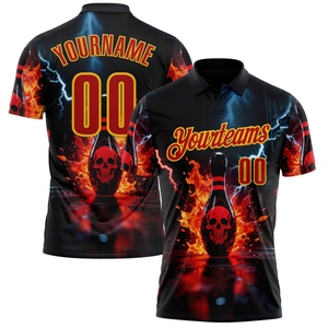Wholesale Direct OMMIZ INDUSTRY Custom Black Red-Yellow 3D <b>Flame</b> Lightning Skull Bowling Performance Polo <b>Shirt</b> - Product Image 1