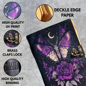 Herb Heritage Gothic Butterfly Leather Journal <b>Lock</b> Sewing Bound Moon Rose Notebook Handmade Grimoire Vintage Deckle Edge <b>Diary</b> - Product Image 6