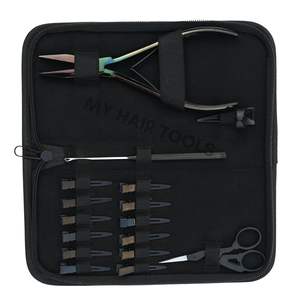 Kit d'outils pour extensions capillaires de styliste, comprenant des pinces à sertir plates, des pinces pour extensions adhésives, des pinces de retrait de perles, un crochet à boucle et un ensemble de pinces de sectionnement - Product Image 1