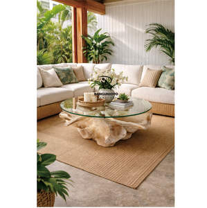 Mesa de Centro de Madera de Teca Sólida con Tapa Redonda de Vidrio, Diseño Extensible, Estilo Rústico para Sala de Estar - Product Image 1