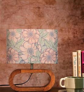 Midcentury Wood Table Lamp with Floral Fabric Rectangular Shade Warm White LED Light for Bedroom <b>Decorative</b> <b>Lighting</b> - Product Image 1