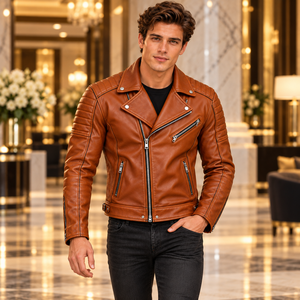 Veste en cuir véritable pour homme de couleur camel avec col à revers, fermeture éclair asymétrique, épaules matelassées et poches zippées pour un usage décontracté - Product Image 3