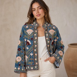 Veste en velours, broderie florale artisanale, manteau d'hiver, style bohème ethnique, vêtement d'extérieur de luxe, prix d'usine, veste Suzani - Product Image 3