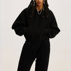 Cropped Hoodie Sweatshirt And Sweatpants Black Color Long Joggers With Pockets <b>Women</b> <b>Sweatsuits</b> Sets 2 Piece - Product Image 6