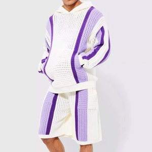 Men's <b>Knitted</b> Hoodie <b>Set</b> Color Blocking Striped White Purple Casual Breathable Summer Wear - Product Image 1