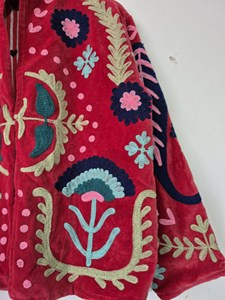 Handmade Pink <b>Velvet</b> Suzani Embroidered <b>Jacket</b> with Floral Pattern Full Sleeve Stand Collar Bohemian <b>Women's</b> Spring Outerwear - Product Image 4
