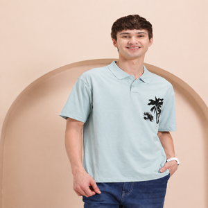 Blue Black Men's for T-<b>Shirt</b> ODM Woven 100% Cotton Fabric for Collar Drop Shoulder <b>Half</b> Sleeves <b>Button</b> Closure - Product Image 1