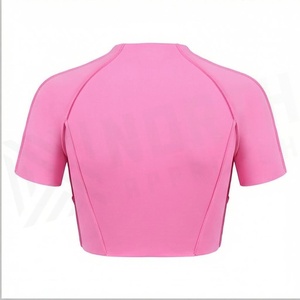 Haut court rose à col rond, manches courtes, uni, séchage rapide, en spandex et polyester, vêtements de yoga, vêtements de sport pour femmes - Product Image 2