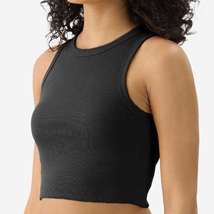 Womens High Neck Crop Tank <b>Top</b> Black Ribbed Cotton Racerback Sleeveless <b>Vest</b> Manufacturer - Product Image 1