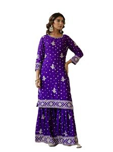 FULLY STITCHED SHARARA WITH ELASTIC RUBBER WITH FULL FLAIR CHINON <b>TOP</b> WITH EMBROIDERY SEQUENCE DESIGN WORK SALWAR KAMEEZ SUIT - Product Image 4