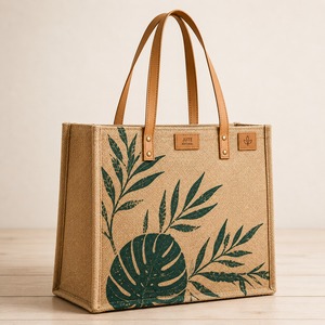 Grand sac fourre-tout en jute avec fermeture éclair et poignée d'épaule, réutilisable pour le shopping, les voyages, les activités de plein air et la plage - Cadeau pour mariages/expositions - Product Image 1