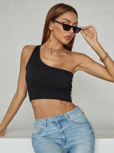Women's Sexy <b>One</b>-Shoulder Crop <b>Tops</b> Streetwear Ribbed Sleeveless Tank Y2K Grunge Punk Style Asymmetrical Casual Slim Fit Short - Product Image 4