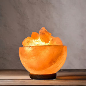 Bol de lampe en sel de roche en forme d'animal rose de l'Himalaya sculpté à la main artisanat pakistanais décoration de Style fleur nautique Base en bois - Product Image 1