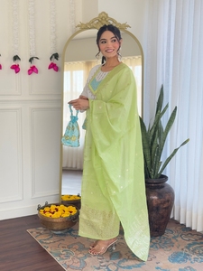 Latest Women's White Color Viscose Chanderi <b>Kurti</b> with Viscose Chanderi Pant Jacquard Silk With Dupatta Sets - Product Image 2