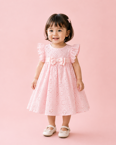 Robe en coton à fleurs rose pour bébé fille avec nœud |   Robe de soirée d'été chic - Product Image 4
