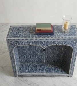 Blue Resin Bone Inlay Traditional Console Table Decorative Side Cabinet Arched Open Shelf Storage <b>Sideboard</b> Mango Wood for - Product Image 2
