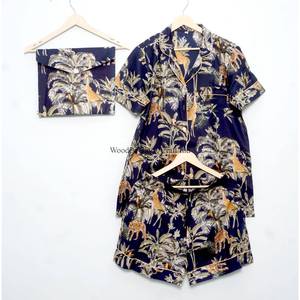 Conjunto de Pijama de Algodón 100% Puro, Elegante y Clásico para la Vida Diaria y Vacaciones de Verano, con Estampado, Cierre con Cordón, Pantalones Cortos Tipo Canguro y Bolsillos - Product Image 5