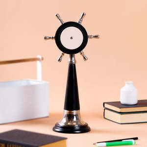<b>Vintage</b> Nautical Ship Wheel Table <b>Clock</b> with Polished Silver Finish and Black Wooden Pedestal Decorative Maritime Desk <b>Clock</b> - Product Image 4