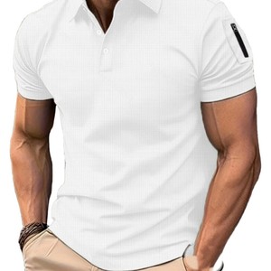 Camisa de Manga Corta para Hombre, Color Beige Sólido, 100% Algodón Tejido, Secado Rápido, Transpirable, Diseño Casual con Botones, Corte Regular, Izquierda - Product Image 6