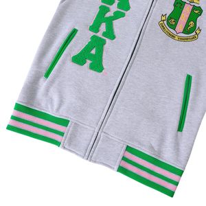 AKA Heather Grey Fleece Letterman <b>Jacket</b> Green <b>Pink</b> Stripe Unisex Varsity Style Embroidered Crest Patch Casual Outerwear - Product Image 5