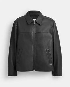 Blouson aviateur en cuir de vachette noir pour homme, col rabattu, fermeture éclair, style vintage, coupe classique, pour l'automne - Product Image 2