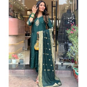 Salwar Kameez de Seda para Fiesta, Talla XL, Top y Pantalón con Dupatta Bordada - Product Image 6