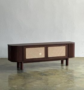 Teak Wood <b>Sideboard</b> Cabinet with Rattan Panel - Product Image 1