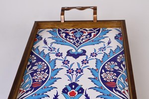 Handmade Moroccan Style Wooden Serving Tray With Enamels Tile Decoration Blue And White Floral Pattern Decorative Platter Sale - Product Image 4