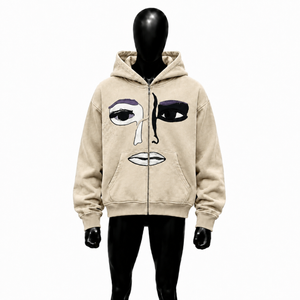 Sweat à capuche zippé personnalisé beige avec motif artistique, coupe oversize, style streetwear, unisexe, décontracté, mode urbaine - Product Image 1