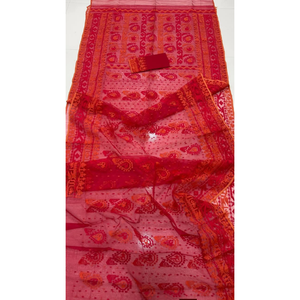 Traditional Bangladeshi Silk <strong>Saree</strong> Women's Red <strong>Orange</strong> Printed Wedding Wear Regular Fit Floor Length Ethnic Sari - Product Image 6