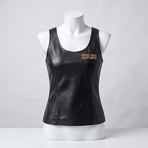 Top Clásico Negro de Cuero Genuino para Mujer, Cuello Redondo, Sin Mangas, con Paneles, Cintura Contorneada, Logotipo Bordado en el Pecho, Tops OEM - Product Image 1