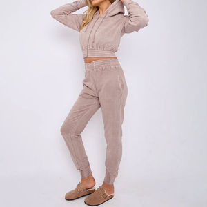 Ensemble de survêtement pour femme avec sweat à capuche court et pantalon de jogging effet délavé, motif uni, hiver, prix promotionnel, survêtements personnalisés pour femme - Product Image 4