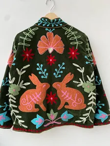 Bohemian Luxury Handmade Woodland Inspired <b>Velvet</b> <b>Jacket</b> with Floral Embroidery and Rabbit Artwork Full Sleeve Women's <b>Jacket</b> - Product Image 4