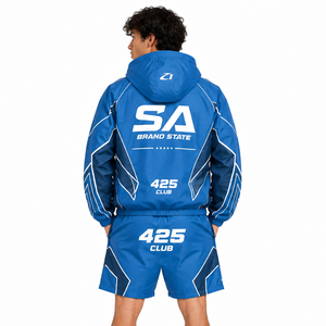 Veste coupe-vent Y2K Streetwear bleue en gros, survêtement personnalisé pour homme, veste en nylon imperméable, ensemble deux pièces, sweats à capuche en gros - Product Image 2