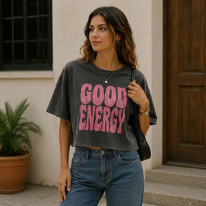 Camiseta Personalizada para Mujer, 100% Algodón, Corte Regular, Estampado y Bordado, Cuello Redondo, Hombros Caídos, Tejido Jersey Sencillo, Transpirable, Ropa de Verano - Product Image 2