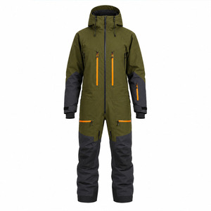 Custom Men's Olive Green Charcoal Color Block One Piece <b>Snowsuit</b> Orange Zipper Accent Hooded Ski Snowboard Jumpsuit Winter - Product Image 1