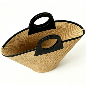 Customized Natural straw ring handle tote <b>bag</b>, black faux‑leather contrast trim woven handbag, fan‑shaped straw <b>basket</b> shopper - Product Image 4